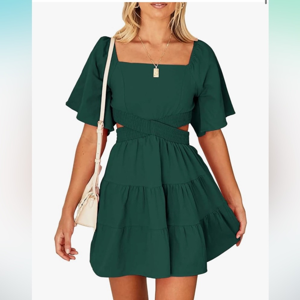 Shy Velvet Dress Square Neck Short Sleeves Crossover Waist Mini Dress